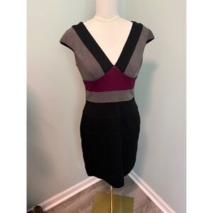 Maggy London Petites Colorblock Sheath Dress V-Neck Bandage Skirt Black Grey 8P